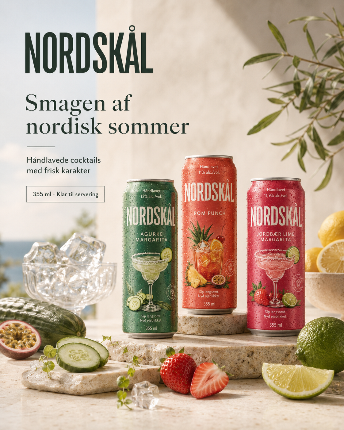 Nordskal canned cocktail campaign with three cans and fresh ingredients