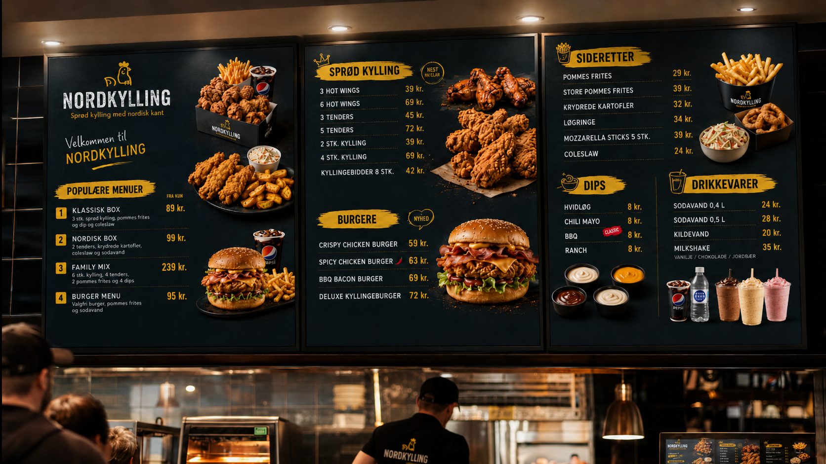 Digital restaurant menu boards displayed above a counter