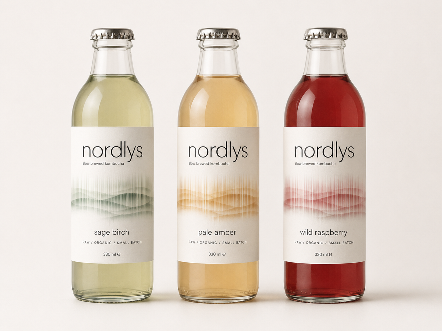 Nordlys kombucha label design across three bottle flavors