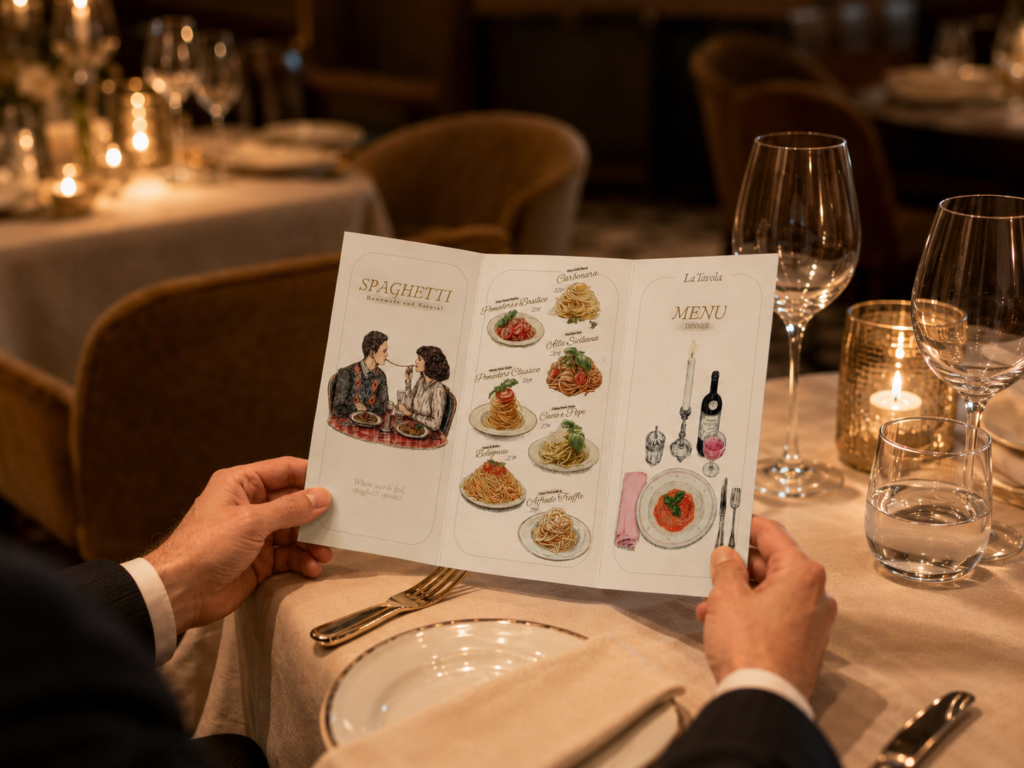 Spaghetti trifold restaurant menu opened on a white tablecloth