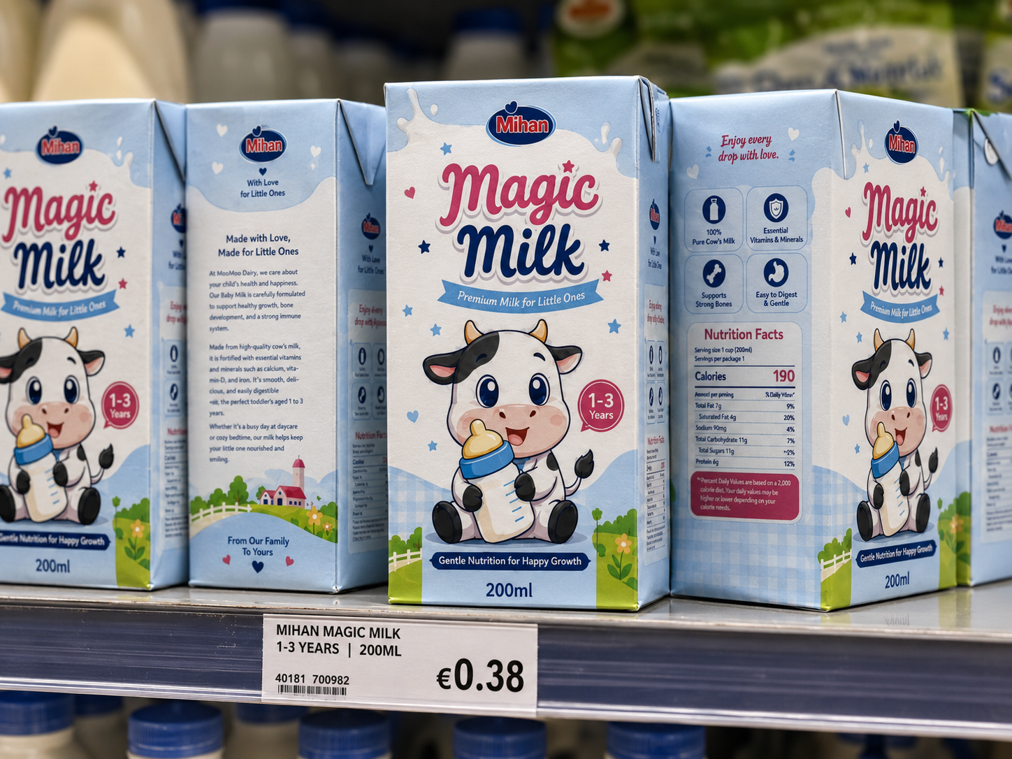 Magic Milk packaging design displayed on a retail shelf