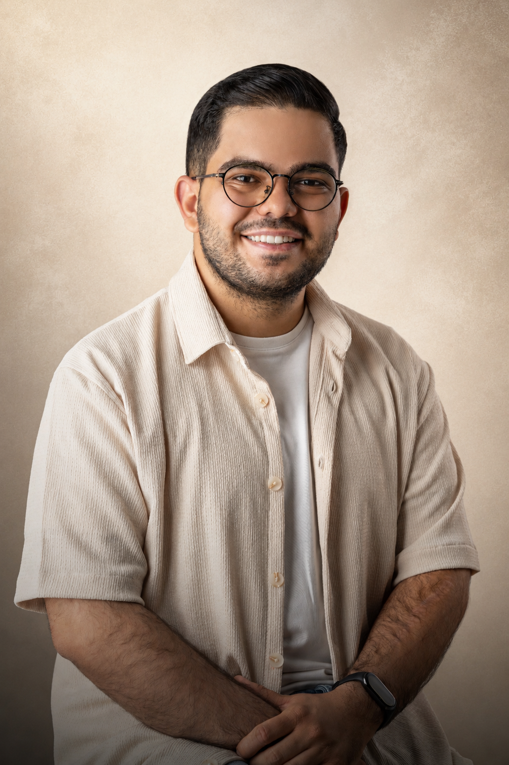 Editorial portrait of Sharif in a warm design studio