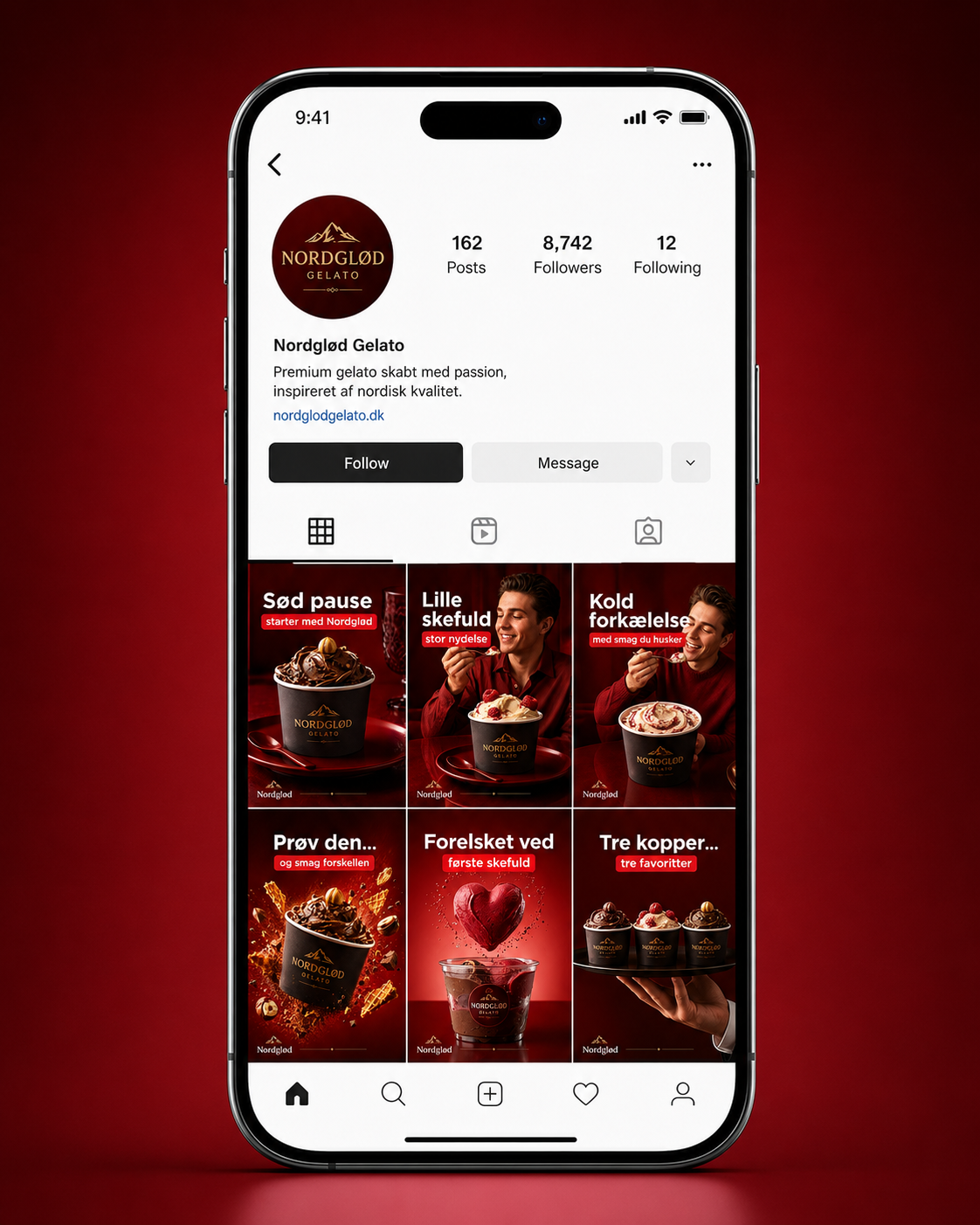 Nordgloed gelato social media profile grid displayed on a phone